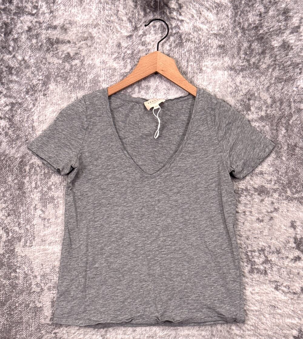 Sezane T Shirt XXS Womens Heather Gray Short Sleeve V Neck Boxy Tee Top